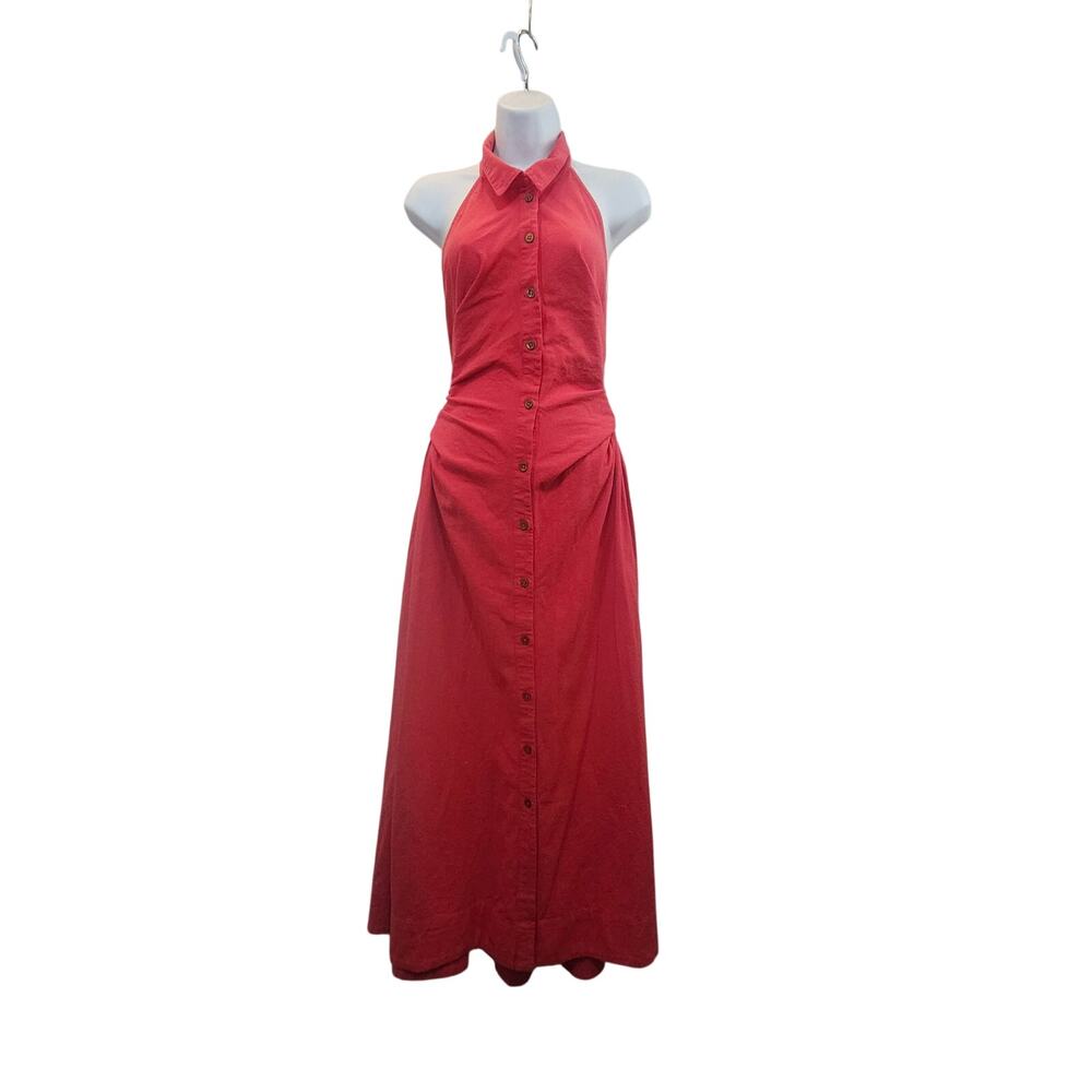 NWT Free People SZ XL Back at It Red Halter Dress Midi Length Linen Collared - Picture 4 of 8